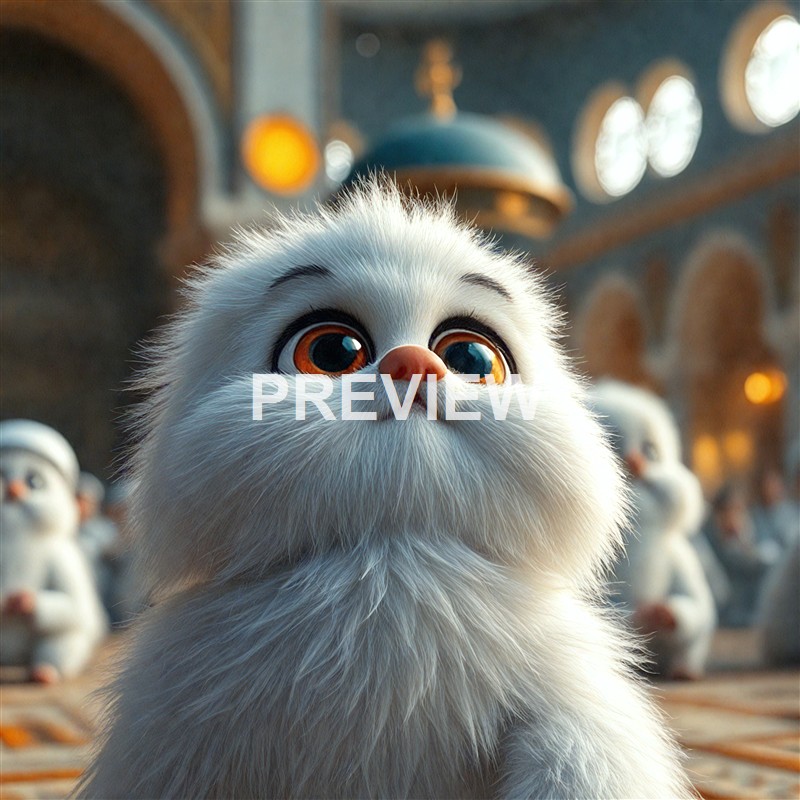 A cute, white, fluffy kitten with large, expressive amber eyes looking upwards in an ornate indoor setting with warm lighting and other similar kittens in the background.